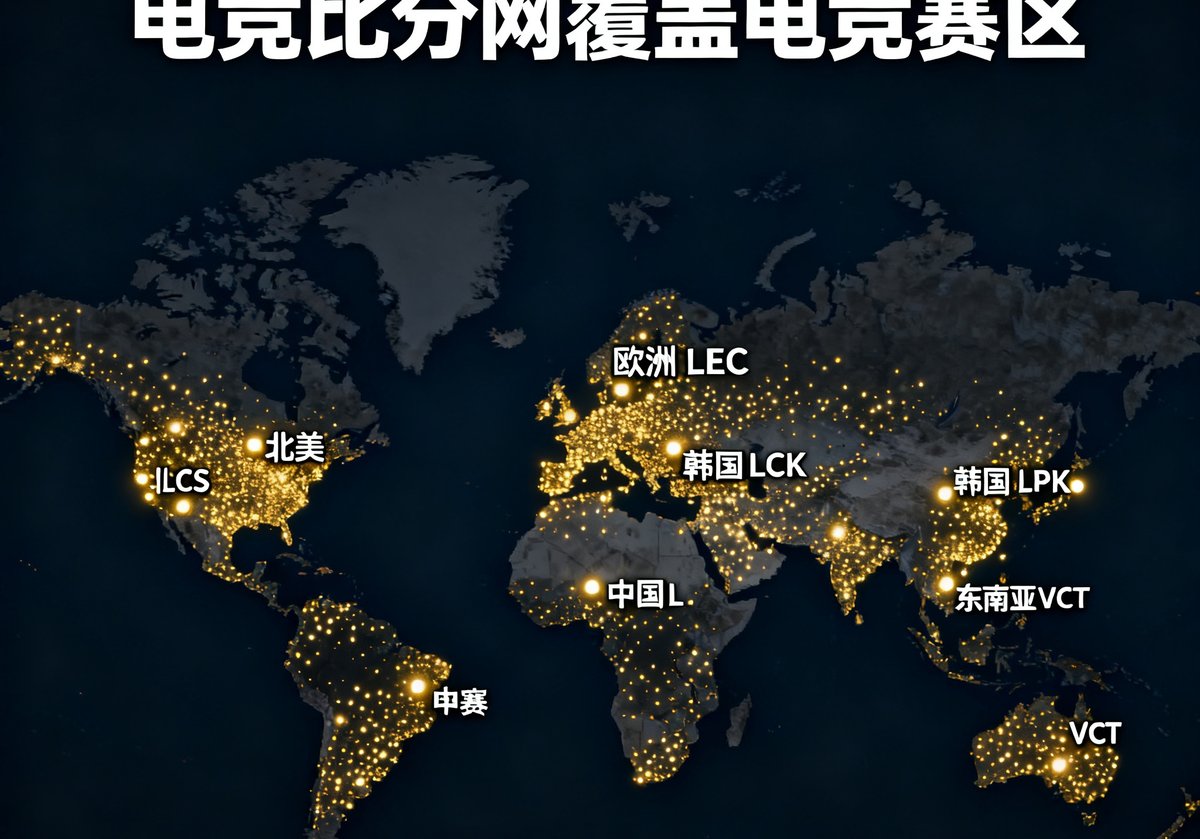 世界地图上以金色光点标注电竞比分网覆盖的各大电竞赛区，包括北美LCS、欧洲LEC、韩国LCK、中国LPL、东南亚VCT等区域，光点密集分布